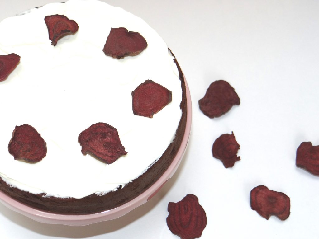 Beetroot and Chocolate Cake decorated with Nim's Beetroot Vegetable Crisps