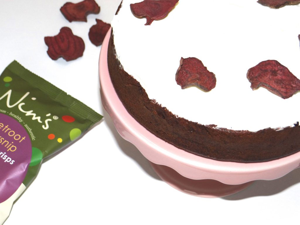 Beetroot and Chocolate Cake decorated with Nim's Beetroot Vegetable Crisps