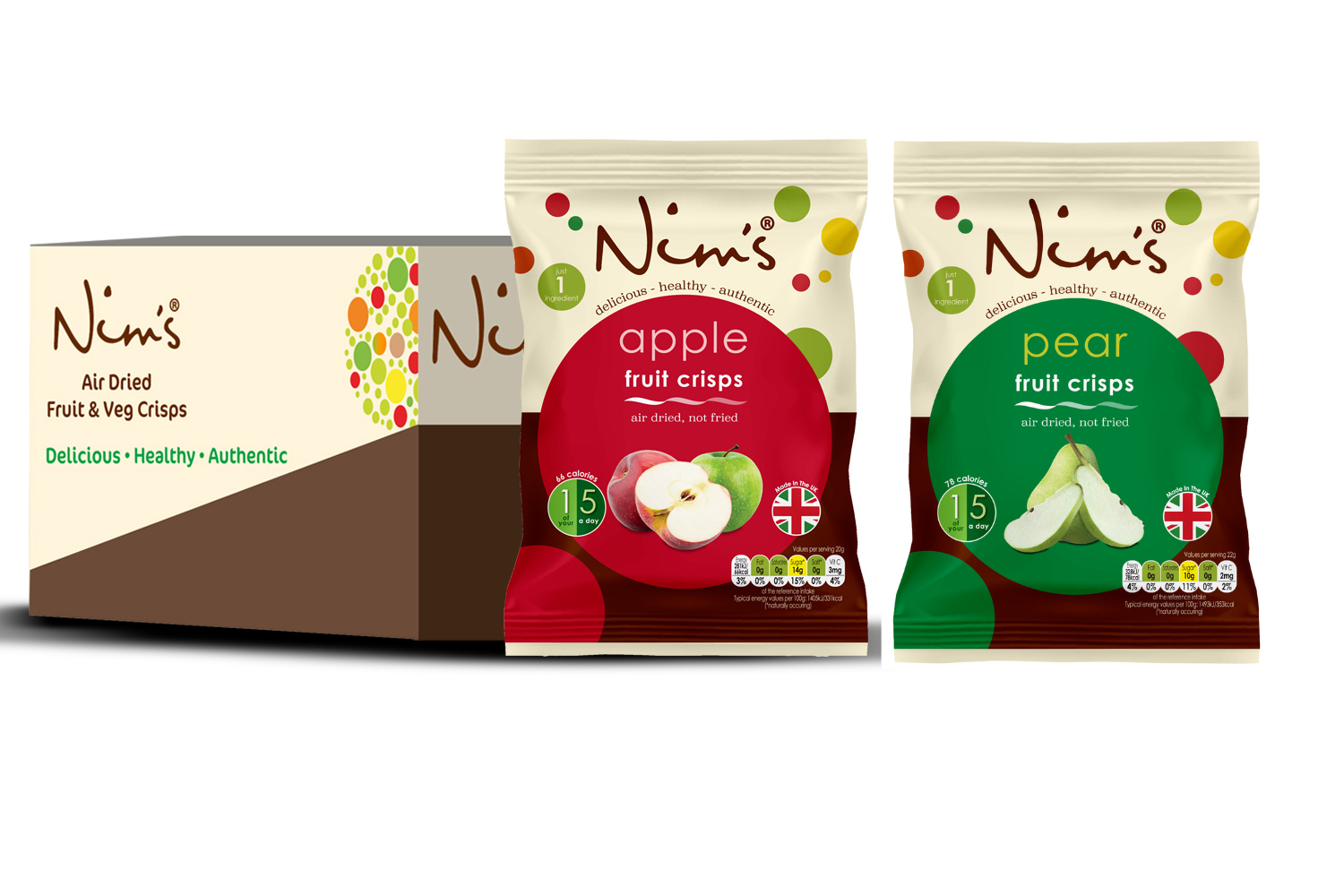 Nim’s Selection Box – Apple and Pear Air Dried Crisps – 6 Packs each (Box of 12)