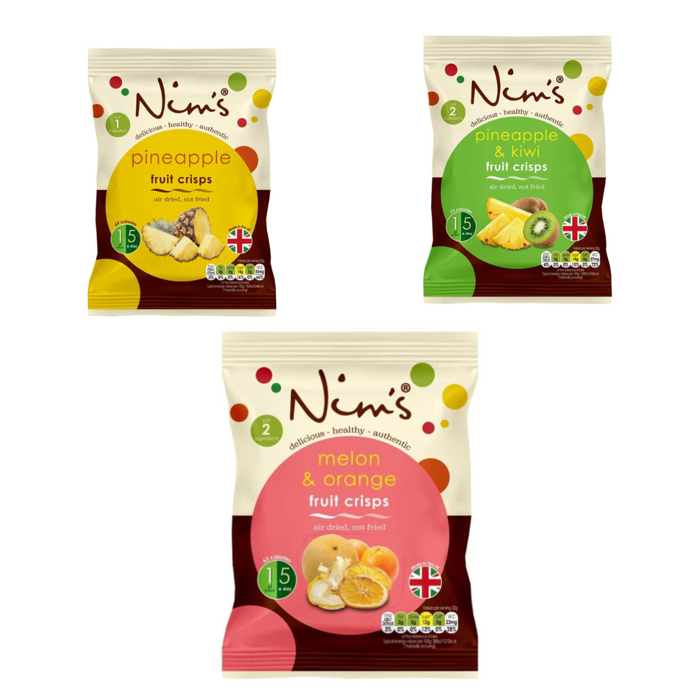 Nim’s Premium 3 Fruit Crisps – Pineapple, Pineapple and Kiwi, Orange and Melon – Box Of 12